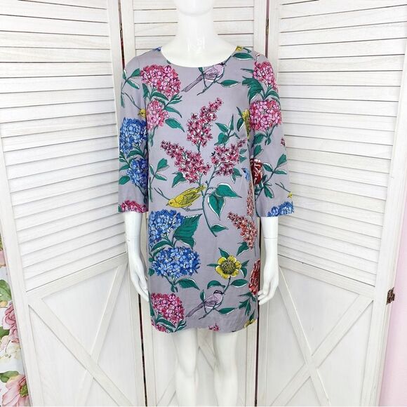 Boden Eliza Floral Bird Print Silk Blend Shift Tunic Dress Gray 4 - Picture 1 of 13